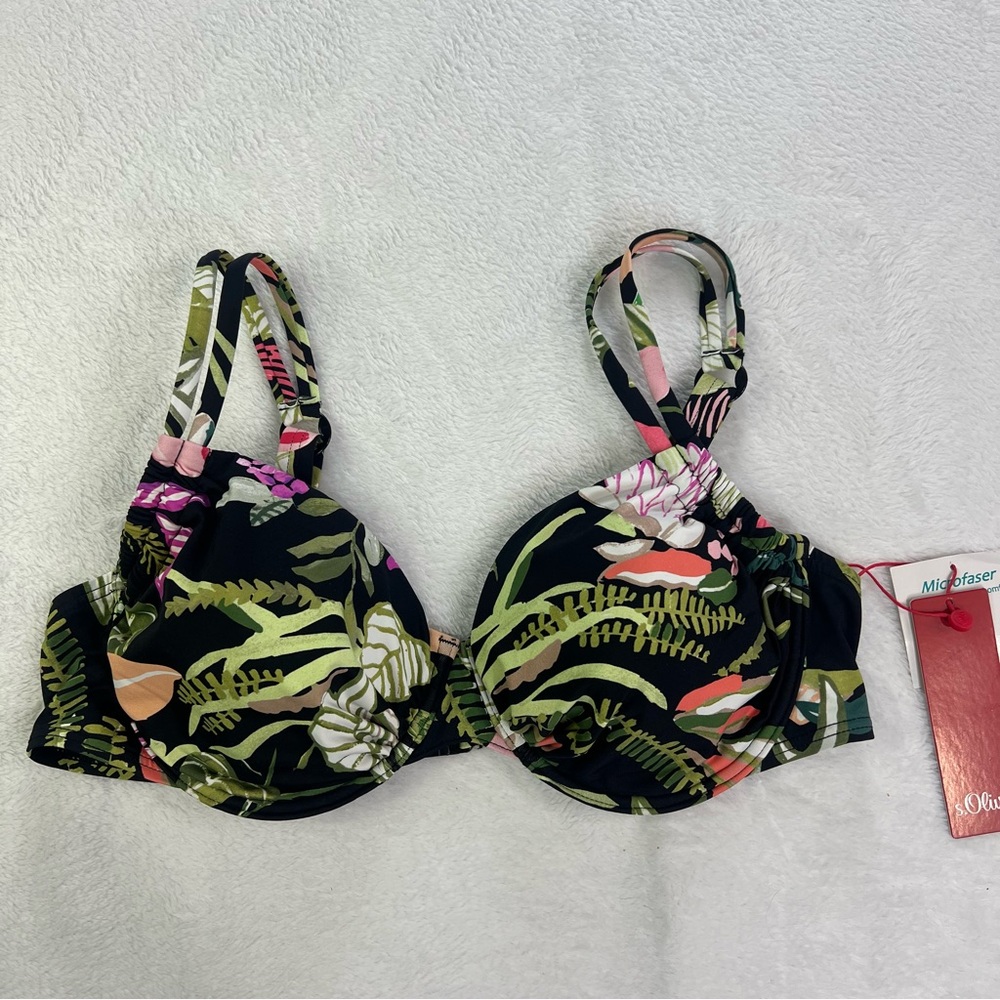 S Oliver Bikini Top MixKini Black Green Lightly Padded Underwire Size 38 C NWT